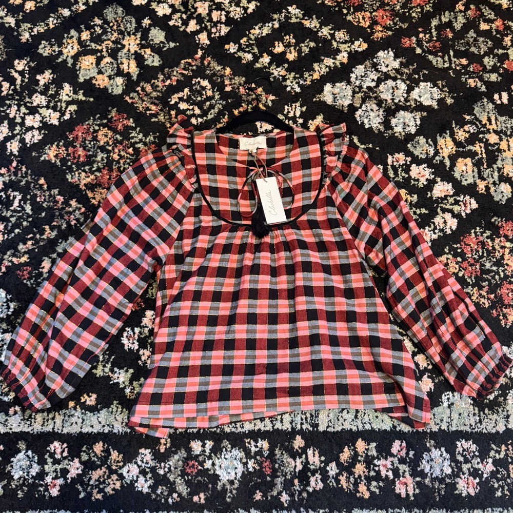 CLEOBELLA NWT plaid red black tassel balloon long sleeve blouse shirt top size L